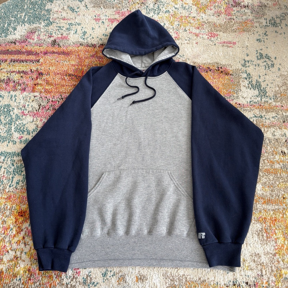 Y2K 2000s Russell Athletic Raglan Hoodie Dri-Power Grey Blue XL